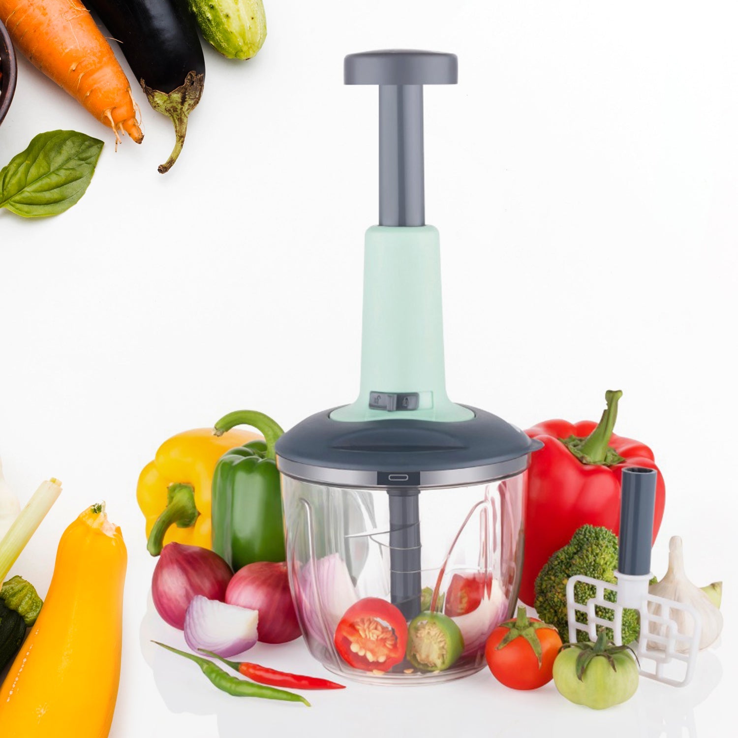 5368 1100 ml 2 in 1 Push up Chopper with Blender affixed with 6 Sharp Blade | Vegetable and Fruit Cutter with Easy Push and chop Button 5368 1100 ml 2 in 1 Push up Chopper with Blender affixed with 6 Sharp Blade | Vegetable and Fruit Cutter with Easy Push and chop Button
